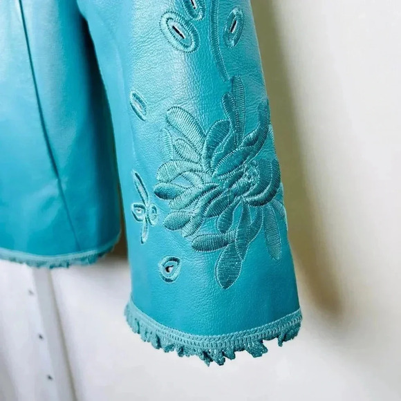 Vintage Terry Lewis Size Large Leather Coat Embroidered Eyelet Ruffle Teal - Picture 10 of 16